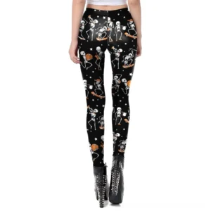 Black skeleton print gothic leggings rear three-quarter view, styled with studded ankle boots and alternative fashion styling