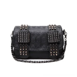 Black skull rivet embossed crossbody messenger bag front flat display view with metal rivet decorations and chain strap