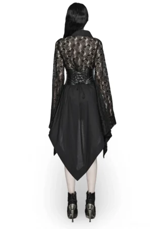 Black skull rose lace kimono gothic dress back view showing drawstring waist and dramatic lace sleeve details