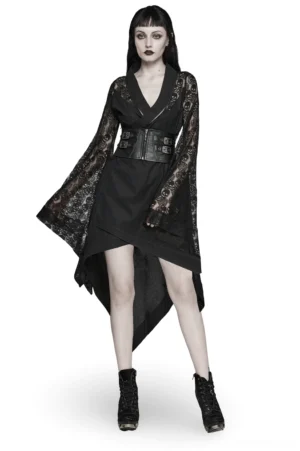 Black skull rose lace kimono gothic dress front full-body view with asymmetric high-low hem and flared lace sleeves