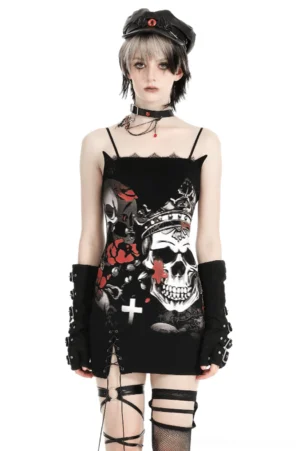 Black skull rose print sleeveless gothic mini dress worn by model, front view with spaghetti straps and lace neckline detail