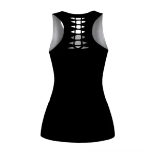 Black skull smoke print gothic tank top back view - showing ladder-strap hollow-out racerback cutout detail on white background