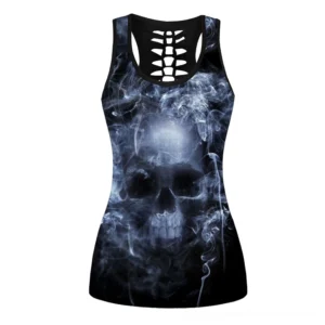 Black skull smoke print gothic tank top front view - sleeveless crew neck crop top with blue ethereal skull design on white background