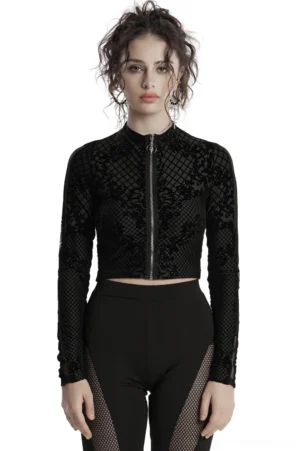 Black gothic mesh crop jacket with skull zipper front view on model, showing damask flocking pattern and cropped fit