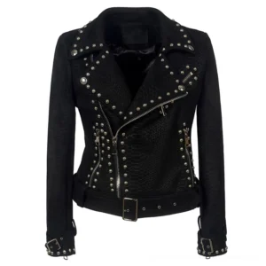 Black snakeskin texture studded biker jacket with adjustable waist belt, gothic motorcycle style jacket front display