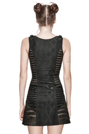 Black snake print gothic bodycon dress back view showing mesh stripe side panels and fitted silhouette