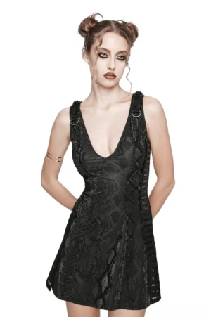 Black snake print sleeveless gothic dress front view with deep V-neckline and mesh panels, worn by model