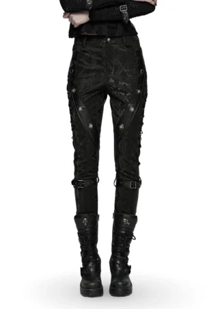Black snake print gothic pants front view with eyelet lacing and adjustable calf straps on female model