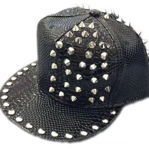 Black snakeskin gothic baseball cap with silver spikes and rivets, front overhead view showing studded crown and brim details