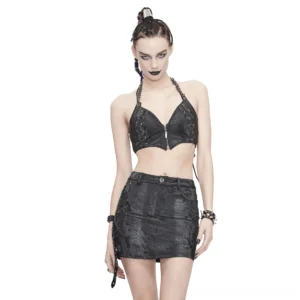 Black snakeskin synthetic leather gothic punk mini skirt full front view on model