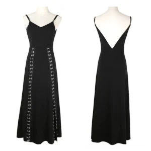 Black floor-length spaghetti strap gothic dress with deep V-back and open back design, shown on mannequins front and back views