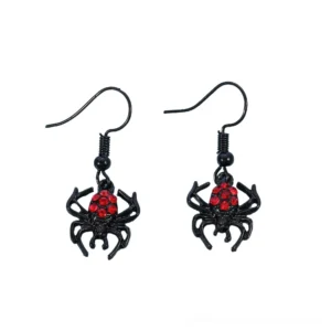 Black spider drop earrings with red rhinestones on white background, frontal view showing intricate gothic punk design