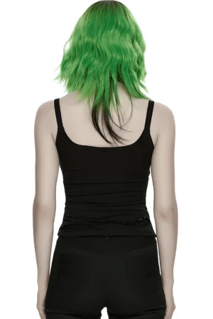 Black distressed gothic camisole back view on model, displaying slim-fit silhouette and mesh details