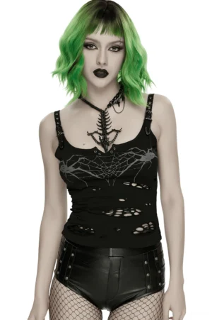 Black spider web gothic camisole front full-body view on model with green hair, showing distressed holes and metal buckle straps