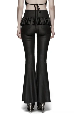 Black gothic flared pants with spider web mesh panels and cross ruffle waist, rear full-body view showcasing ruffled peplum waist detail and glossy striped knit fabric