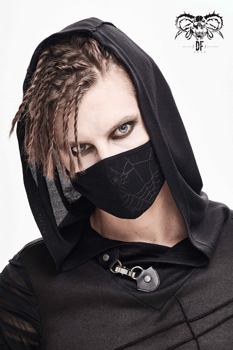 Product shot of black gothic spiderweb face mask highlighting embroidered spiderweb pattern on breathable cotton fabric