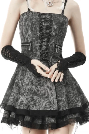 Gothic black lace spiderweb fingerless gloves paired with Victorian corset dress on fashion model, front studio shot