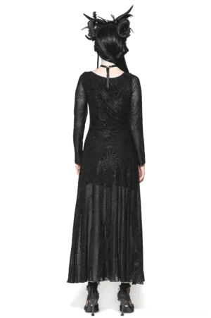 Black spiderweb gothic dress back view on model, showcasing adjustable buckled straps and sheer mesh panels