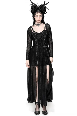 Black spiderweb lace-up gothic dress front view on model with horn headdress, featuring sheer mesh long sleeves and floor-length skirt