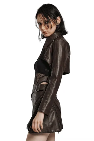 Black spike cropped gothic leather jacket side profile, fitted sleeves, model styling with alternative fashion outfit
