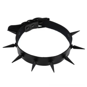 Black spiked leather choker collar with iron studs, adjustable buckle, frontal angled view on white background