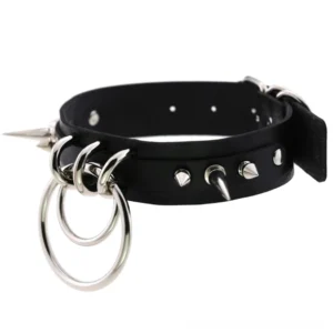Black spiked PU leather gothic choker necklace with dual O-rings and adjustable metal buckle, top-down oblique view showing silver spike details