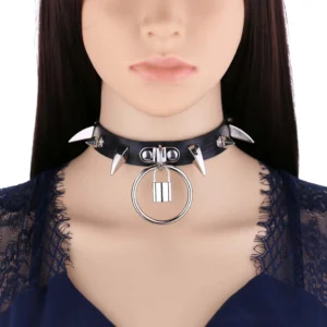 Black spiked gothic lock choker collar with silver metal spikes and adjustable buckle on mannequin front view