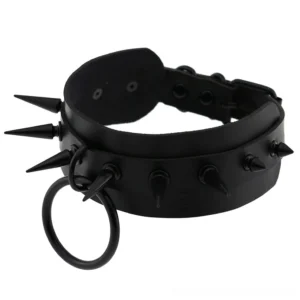 Black matte spiked leather gothic choker with central O-ring, front flat lay view