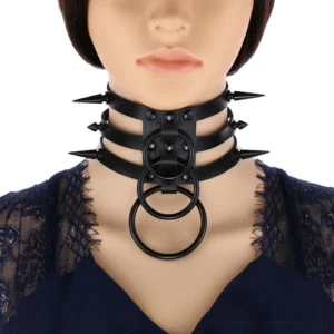 Black spiked leather gothic choker with triple metal rings on mannequin – front close-up view
