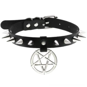 Black spiked leather pentagram choker with silver cone spikes and star pendant - flat lay front view gothic necklace