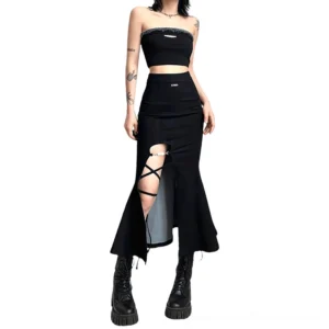 Black flared split mermaid skirt front view with crisscross strap detail and metal waist accent on tattooed model