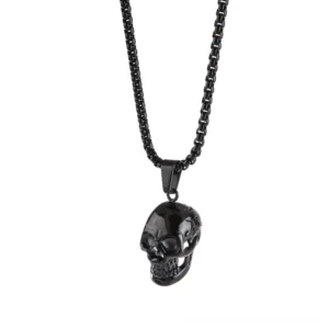 Black polished stainless steel skull pendant necklace with O-chain - memento mori gothic jewelry