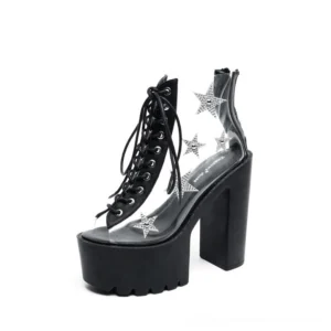 Black star crystal transparent PVC lace-up platform boots with chunky heel and peep-toe design, front three-quarter view