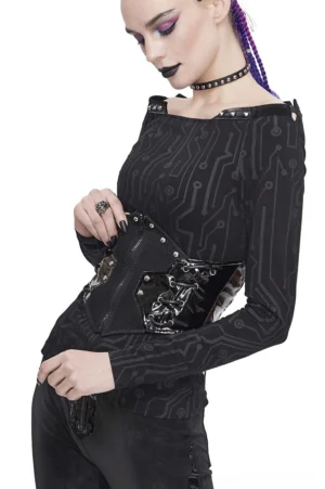 Steampunk black corset waist belt with metal lace-up fastening and rivet details, side profile on model with purple braids