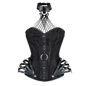Black PU leather gothic corset with O-ring hardware and jacquard fabric, full front view