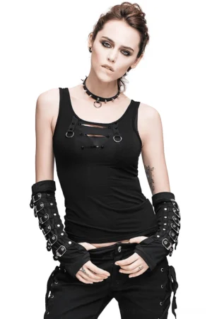 Black steampunk gothic tank top with metal D-rings and cone spike studs on studded arm sleeves, front cutout design, displayed on fashion model in white studio setting