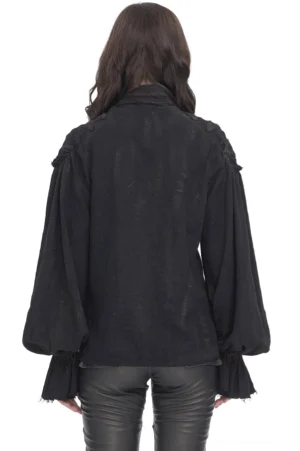 Black steampunk ruffle collar shirt rear view showing tailored back fit and ruffled cuff details