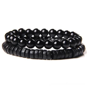 Black stone beaded bracelet style 1 with polished glossy round beads and flat disc accents - gothic unisex charm bracelet