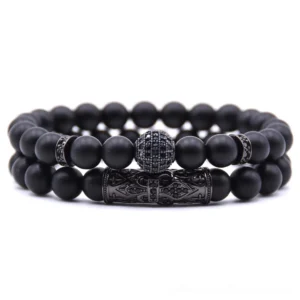 Black stone punk ball bracelet with black metal clasp and CZ charm, gothic couple jewelry set