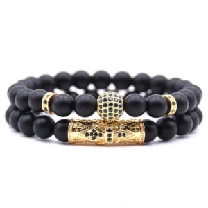 Black stone punk ball bracelet with gold metal clasp and CZ charm, gothic fashion accessory