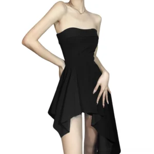 Black strapless asymmetrical gothic mini dress front three-quarter view with built-in shorts