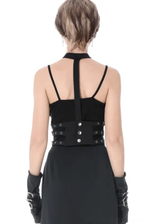 Gothic punk harness back view displaying Y-shaped back strap and waist buckle closures