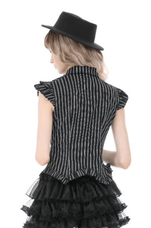 Back view of black striped gothic blouse featuring vertical stripes and curved ruffled hem detail