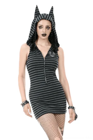 Black striped gothic hooded dress with devil ears and skull heart embroidery front view on model