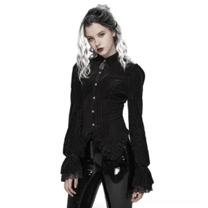 Black striped velvet gothic corset blouse front view on model, lace-trimmed bell sleeves, slim-fit silhouette