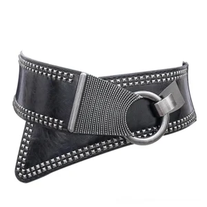 Black studded wide elastic belt with round metal buckle, flat lay front view showing decorative riveted edges and gothic rock aesthetic