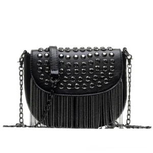 Black studded leather shoulder bag with chain tassel fringe, front flat lay view showcasing metal rivet details