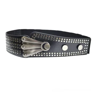 Black studded elastic wide gothic corset belt with silver metal rivets and fan-shaped buckle, front flat lay view