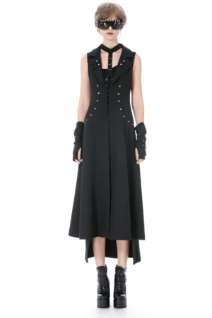 Black studded gothic cape with open front - front full-body view on model showing silver stud detailing and dramatic silhouette