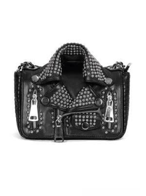 Black studded gothic crossbody bag front flat view showing silver rivets and punk biker jacket design